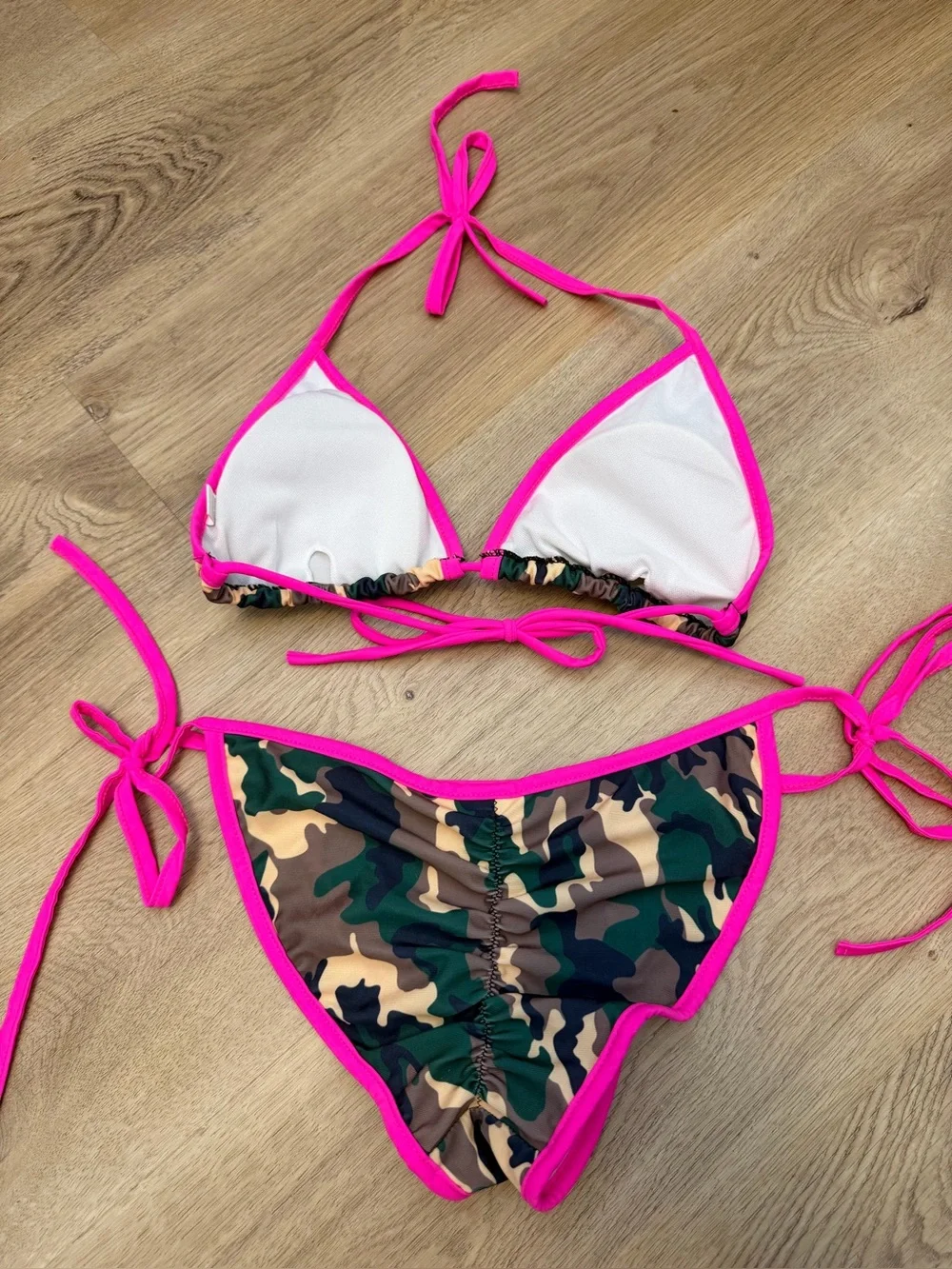 Pink Trim Camouflage String Bikini Set